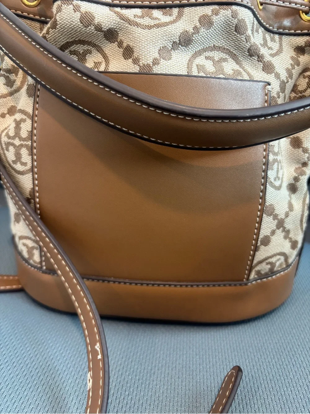 Tory Burch Beige and Brown Logo Canvas Drawstring Mini Bucket Bag
